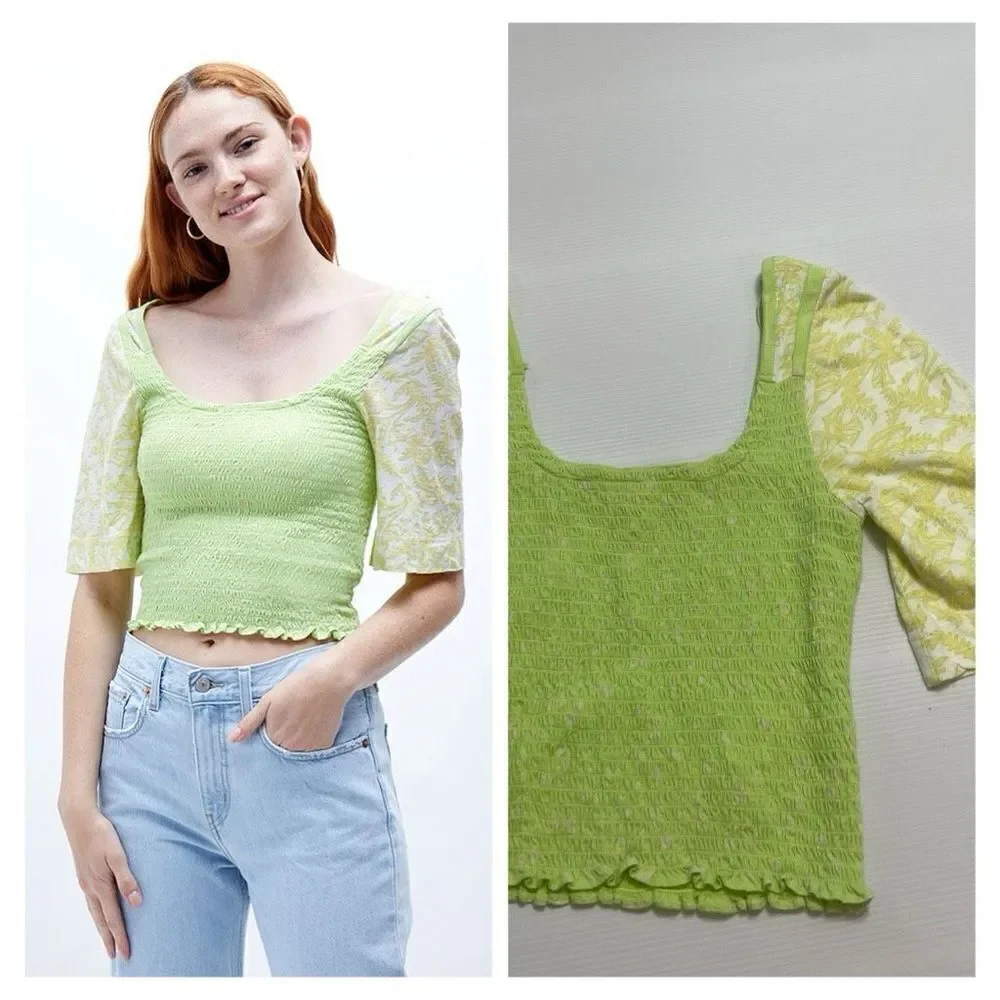 Free People Green Marigold Smocked Crop Top Size Small Medium See Measurements